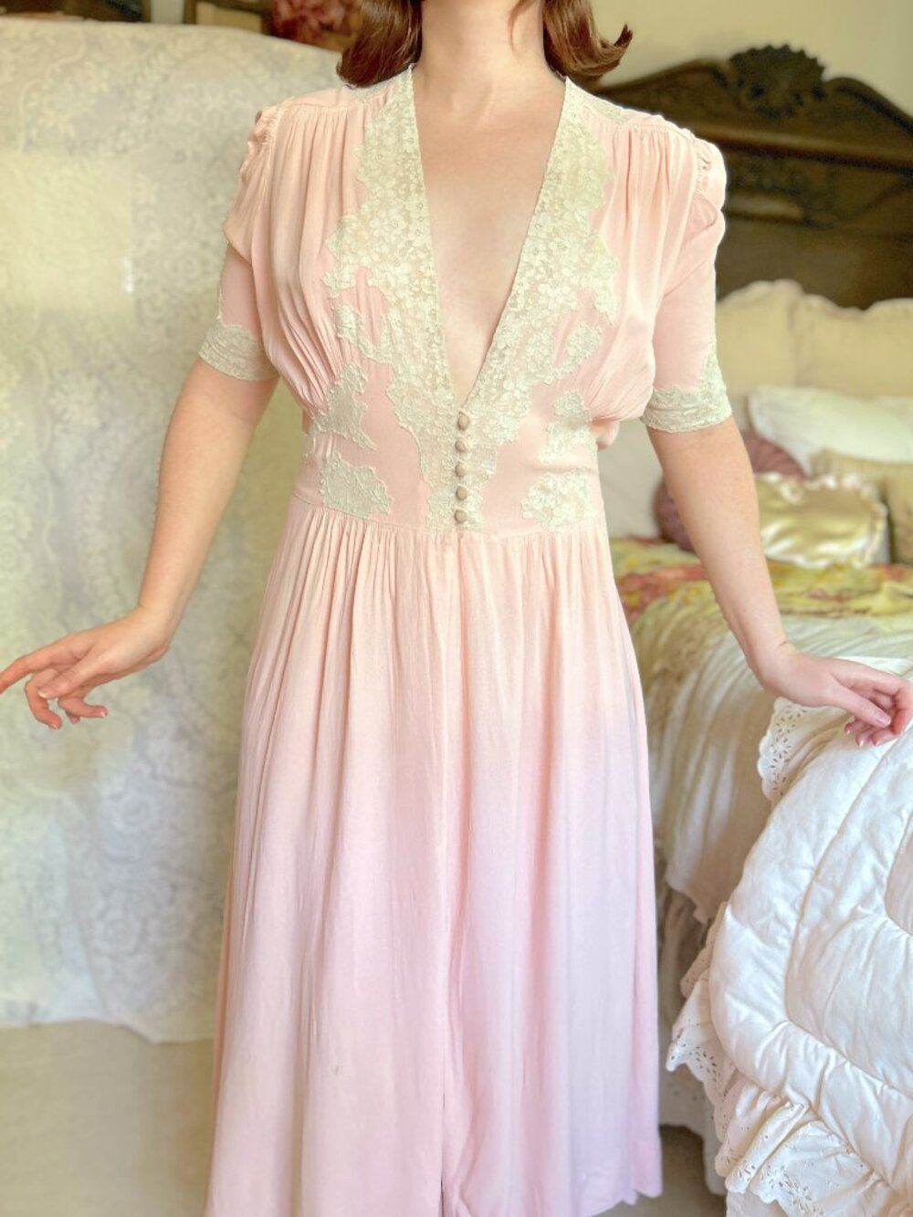 Vintage 1940s Tutundgy Original Peach Pink Dress, Cream Lace Appliqué Low Cut